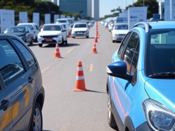 Viaturas do Detran-DF em ação educativa de trânsito em Brasília, com cones e sinalizações de segurança.
