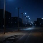 Rua escura em Brasília com postes de luz quebrados, expondo negligência em iluminação e segurança urbana no DF.