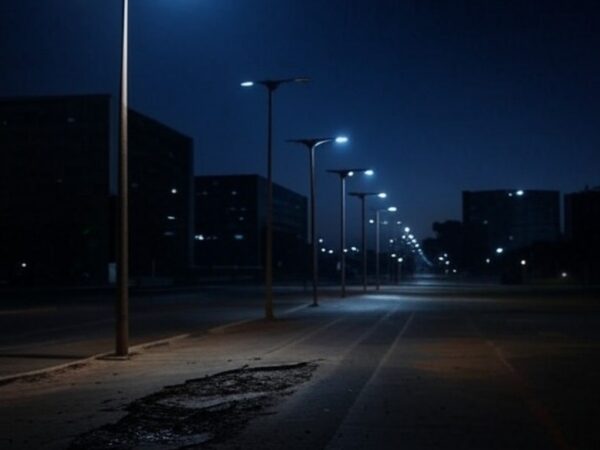 Rua escura em Brasília com postes de luz quebrados, expondo negligência em iluminação e segurança urbana no DF.