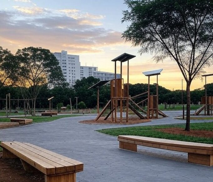 Parque Urbano Denner no Guará II reformado com foco em lazer e sustentabilidade, mostrando caminhos, bancos e áreas verdes no Distrito Federal.