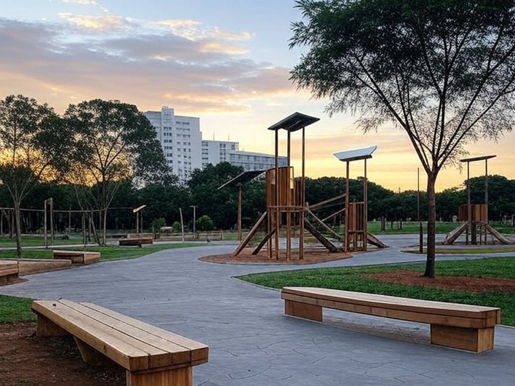Parque Urbano Denner no Guará II reformado com foco em lazer e sustentabilidade, mostrando caminhos, bancos e áreas verdes no Distrito Federal.
