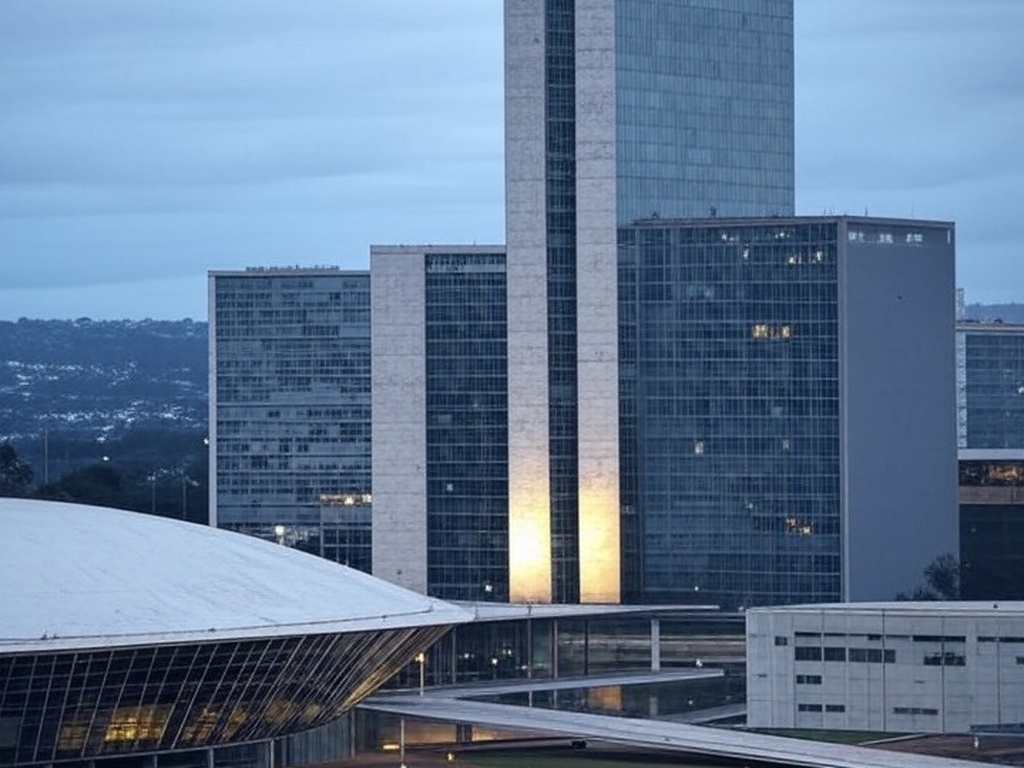 Skyline de Brasília com edifícios e símbolos de burocracia imobiliária, representando aumento no ITBI e complicações em transações no DF.