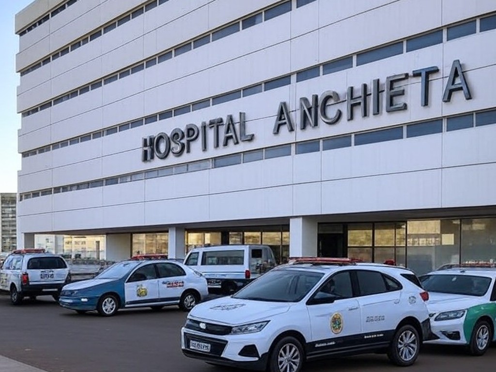 Exterior do Hospital Anchieta em Brasília com viaturas policiais, representando investigação de mortes suspeitas e prisões por injeções irregulares.