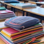 Materiais escolares como cadernos e lápis em sala de aula em Brasília, representando depósito de créditos do Cartão Material Escolar pelo GDF para alunos.