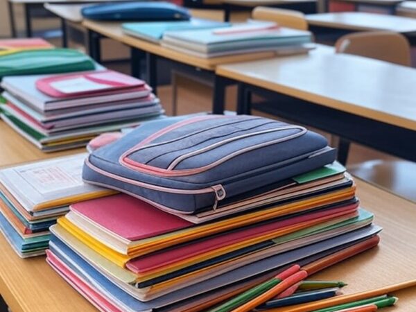 Materiais escolares como cadernos e lápis em sala de aula em Brasília, representando depósito de créditos do Cartão Material Escolar pelo GDF para alunos.
