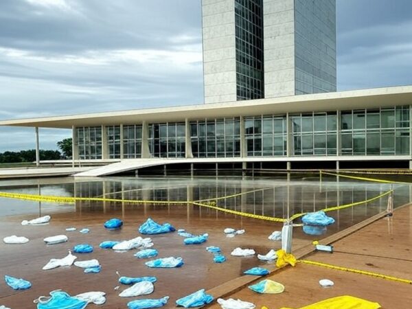 Prédios governamentais em Brasília com documentos e máscaras simbolizando corrupção e falhas na gestão de saúde no DF.