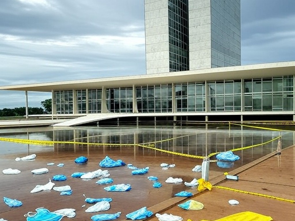 Prédios governamentais em Brasília com documentos e máscaras simbolizando corrupção e falhas na gestão de saúde no DF.