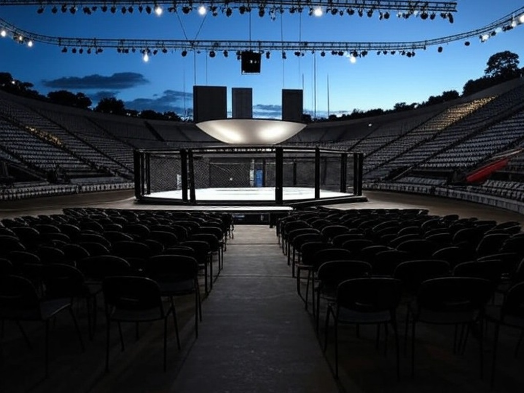 Arena em Brasília preparada para evento de MMA, com octógono e vista do Congresso Nacional ao fundo.