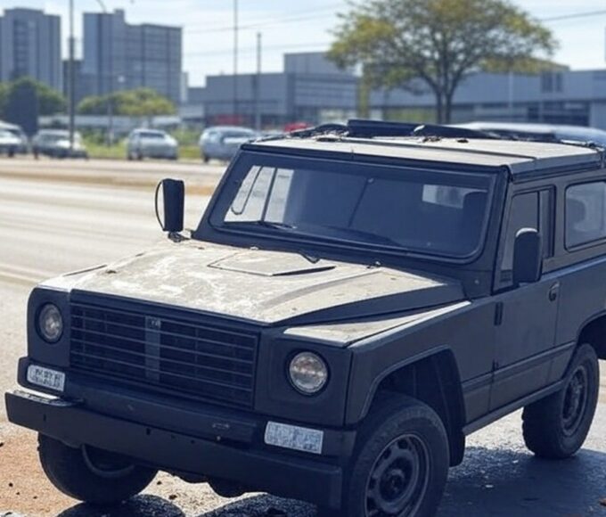 Viatura da PM colidida na Estrutural após detenção de suspeito de violência doméstica em Vicente Pires, Brasília.