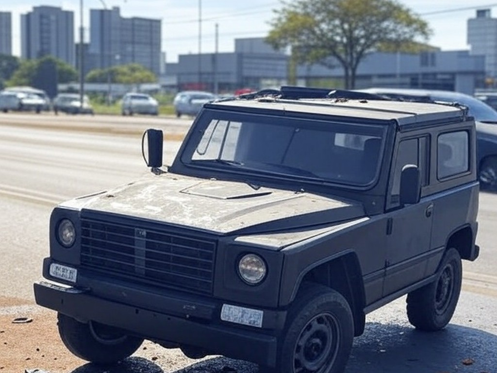 Viatura da PM colidida na Estrutural após detenção de suspeito de violência doméstica em Vicente Pires, Brasília.