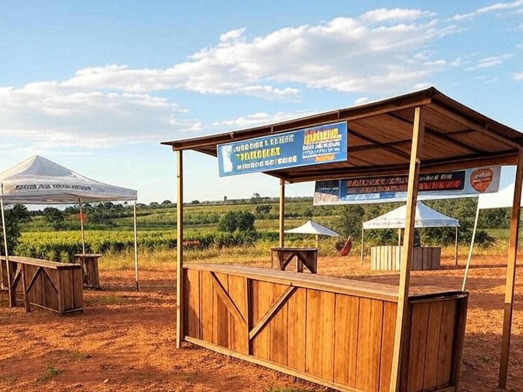 Feira do Trabalho e do Campo em Brazlândia com estandes de vagas de emprego e capacitações gratuitas em paisagem rural brasileira.