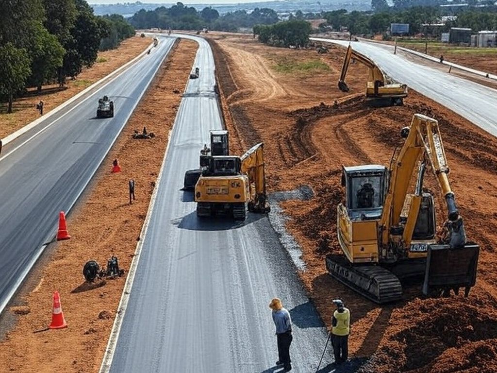 Obras de drenagem e recapeamento na DF-290 em Santa Maria, com máquinas e asfalto novo no Distrito Federal.