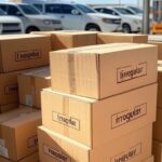 Mercadorias irregulares apreendidas pela Receita do DF em armazém de Brasília, pilhas de caixas e veículos oficiais.