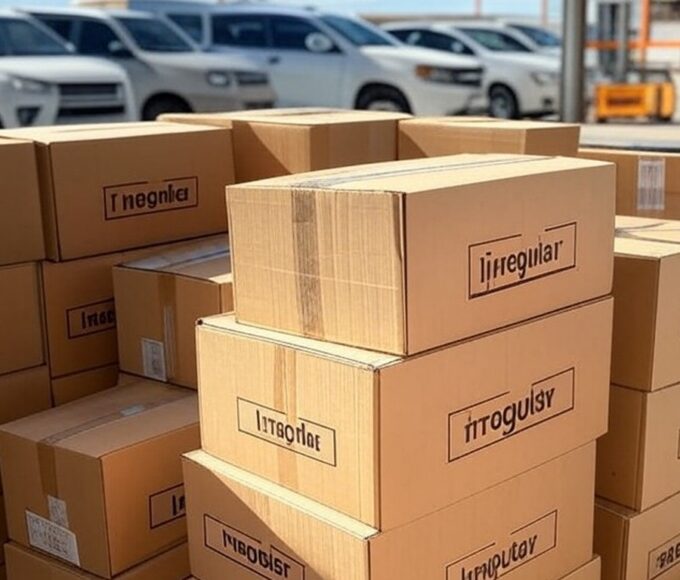 Mercadorias irregulares apreendidas pela Receita do DF em armazém de Brasília, pilhas de caixas e veículos oficiais.