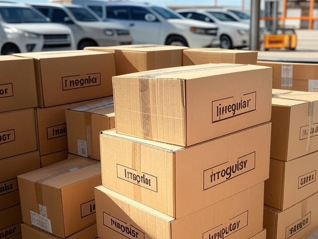 Mercadorias irregulares apreendidas pela Receita do DF em armazém de Brasília, pilhas de caixas e veículos oficiais.