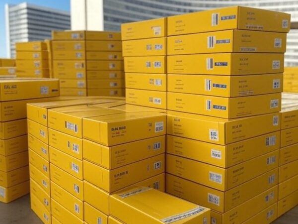 Caixas de vacinas contra febre amarela em centro de distribuição no Distrito Federal, com arquitetura de Brasília ao fundo.