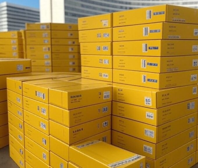 Caixas de vacinas contra febre amarela em centro de distribuição no Distrito Federal, com arquitetura de Brasília ao fundo.