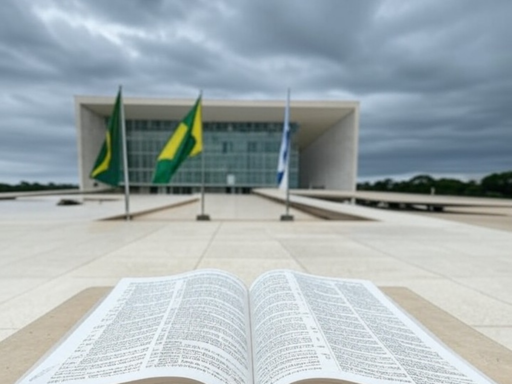 Bíblia aberta em pedestal diante do Congresso Nacional em Brasília, representando elevação a patrimônio cultural e debate sobre laicidade.