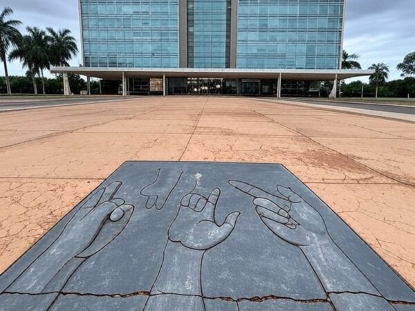Edifício da CLDF em Brasília com símbolo de Libras abandonado, representando negligência no DF.