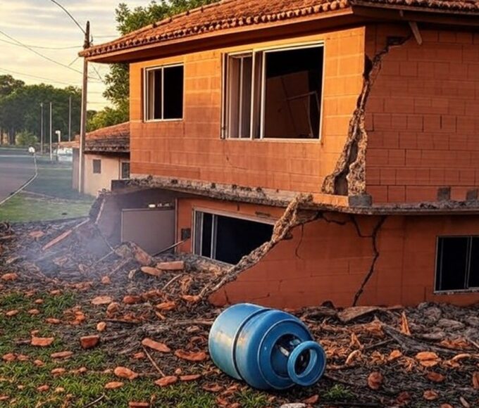 Residência em Ceilândia danificada por explosão de botijão de gás, com destroços e viaturas de bombeiros ao fundo.