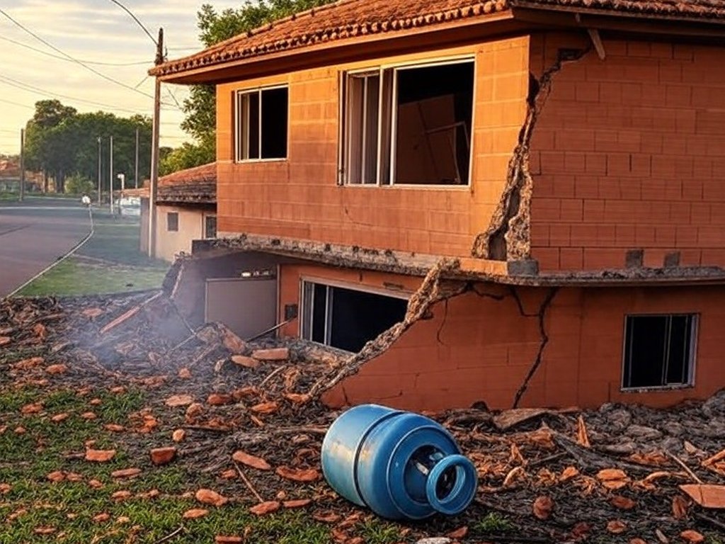 Residência em Ceilândia danificada por explosão de botijão de gás, com destroços e viaturas de bombeiros ao fundo.
