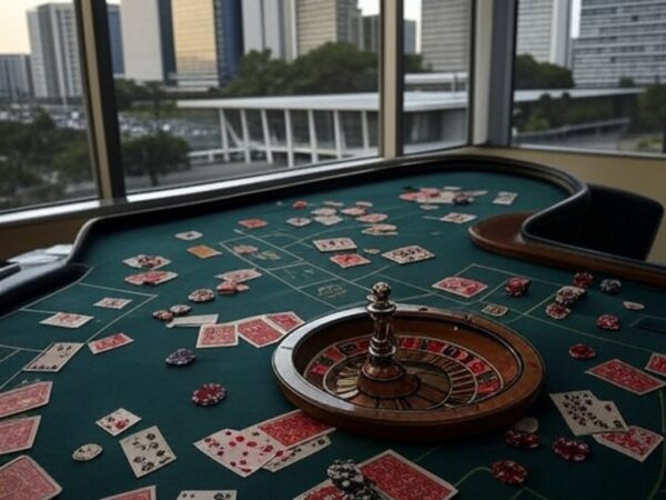 Imagem de rua em Brasília representando apostas no Distrito Federal, com elementos de loteria e arquitetura local.