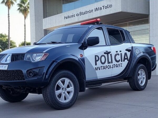 Viatura da polícia estacionada em estação de metrô de Brasília, representando prisão por lesão corporal.