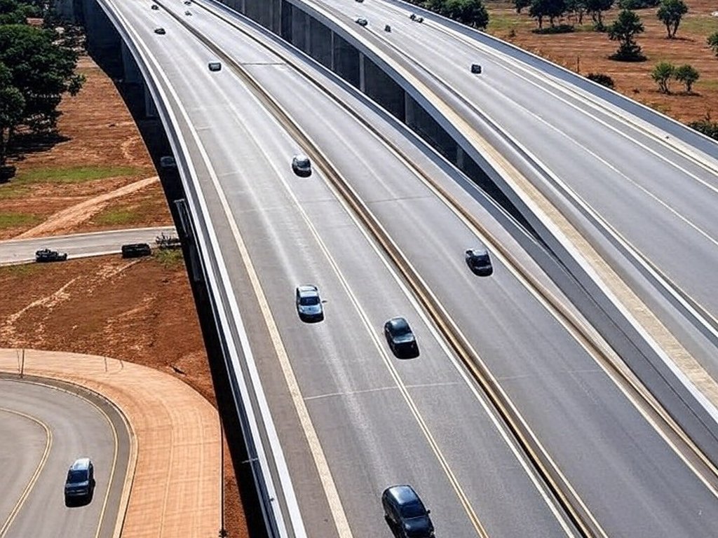Viaduto do GDF no Distrito Federal transformando a mobilidade em Recanto das Emas e Riacho Fundo II, com tráfego fluindo em ambiente urbano.
