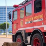 Viatura de bombeiros do DF perto de tubulação resgatando filhote de cachorro em Brasília.