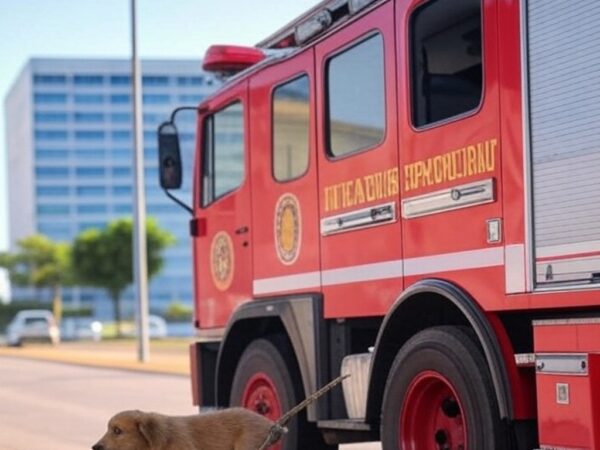 Viatura de bombeiros do DF perto de tubulação resgatando filhote de cachorro em Brasília.