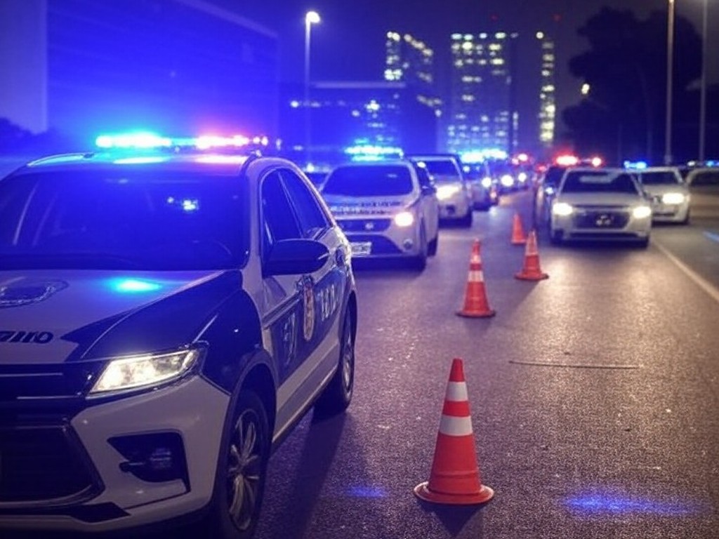 Blitz surpresa do Detran-DF em avenida de Brasília com viaturas e cones de trânsito.