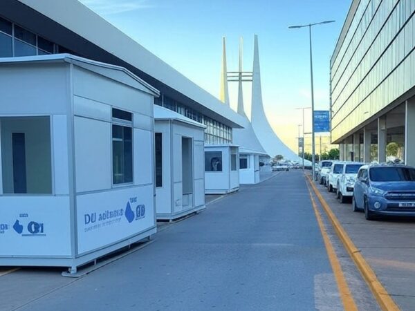 Veículos de assistência social em rua do Plano Piloto, Brasília, com monumentos ao fundo, representando operação de acolhimento.