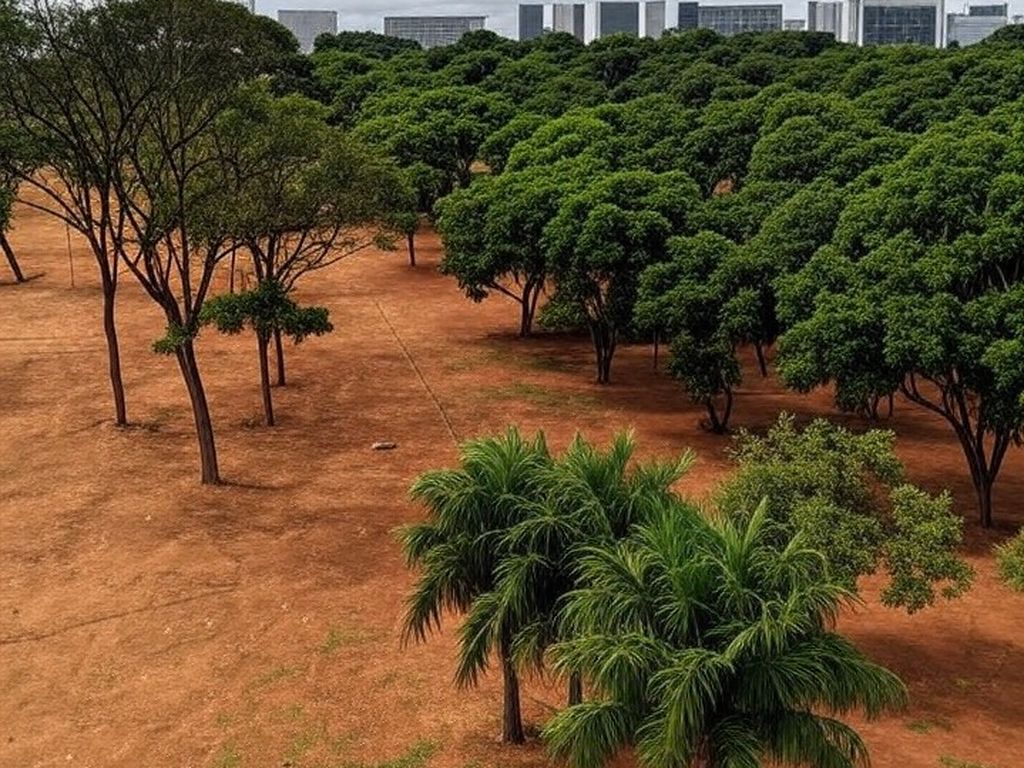 Área urbana em Brasília com árvores mal cuidadas, ilustrando críticas à política de arborização no DF por negligência ambiental.