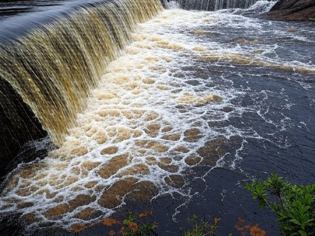 Reservatório do Descoberto transbordando no DF, com água inundando áreas próximas, expondo riscos de falhas no abastecimento.