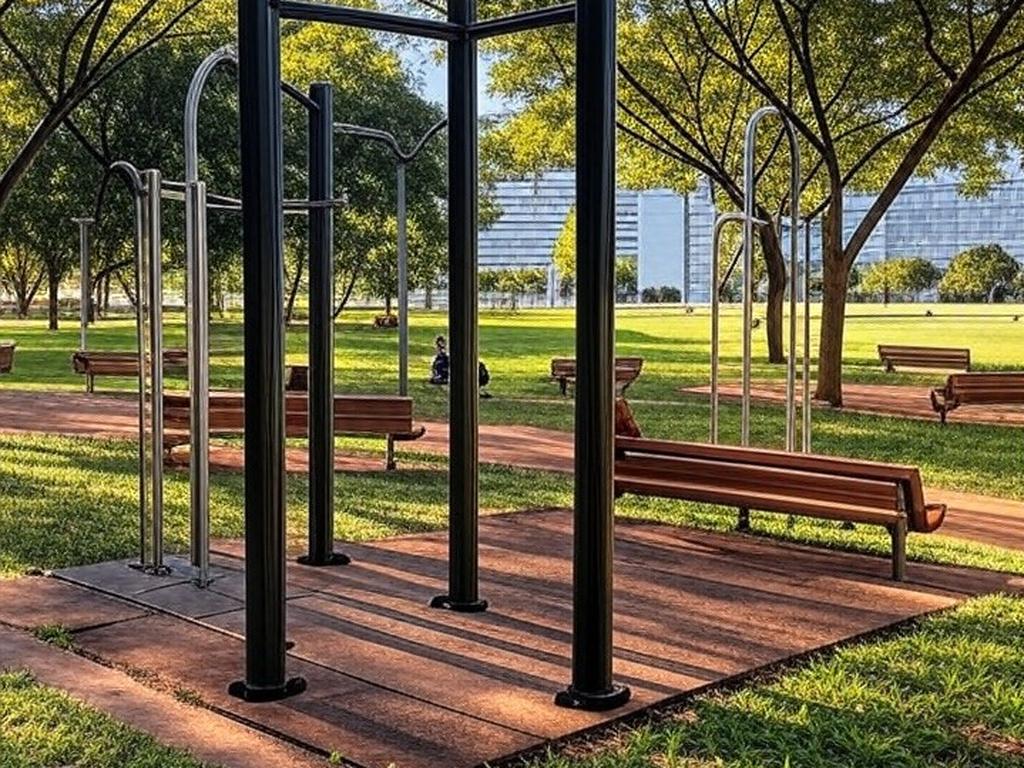 Parque público em Brasília com equipamentos de ginástica ao ar livre, representando programa Viver 60+ para envelhecimento ativo de idosos.