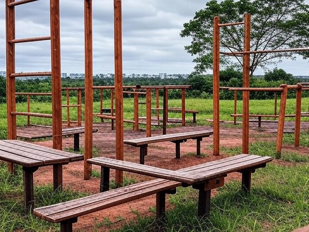 Academia ao ar livre vazia em Brasília, com equipamentos para idosos e prédio da CLDF ao fundo, alertando para sobrecarga orçamentária.