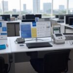 Ambiente de escritório em Brasília com ação de saúde do Sesc-DF para funcionários do Serpro.