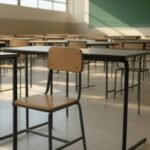 Escola pública em Brasília com documentos bagunçados representando instabilidade nos mandatos escolares no DF.