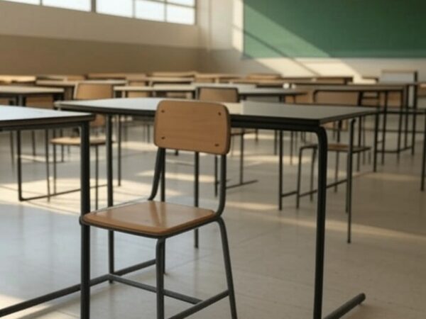 Escola pública em Brasília com documentos bagunçados representando instabilidade nos mandatos escolares no DF.