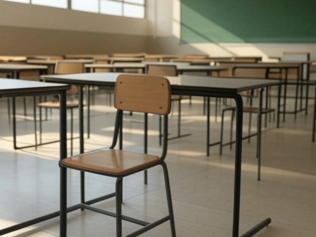 Escola pública em Brasília com documentos bagunçados representando instabilidade nos mandatos escolares no DF.