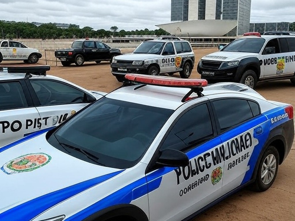 Viaturas da polícia em esquema de segurança na Esplanada dos Ministérios, Brasília, para atos do 8 de janeiro.