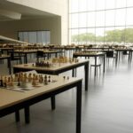 Salão em Brasília com tabuleiros de xadrez para o torneio Brasília Chess Open, com prêmios de R$ 22 mil.
