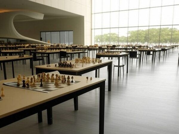 Salão em Brasília com tabuleiros de xadrez para o torneio Brasília Chess Open, com prêmios de R$ 22 mil.