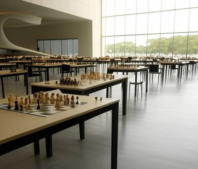 Salão em Brasília com tabuleiros de xadrez para o torneio Brasília Chess Open, com prêmios de R$ 22 mil.