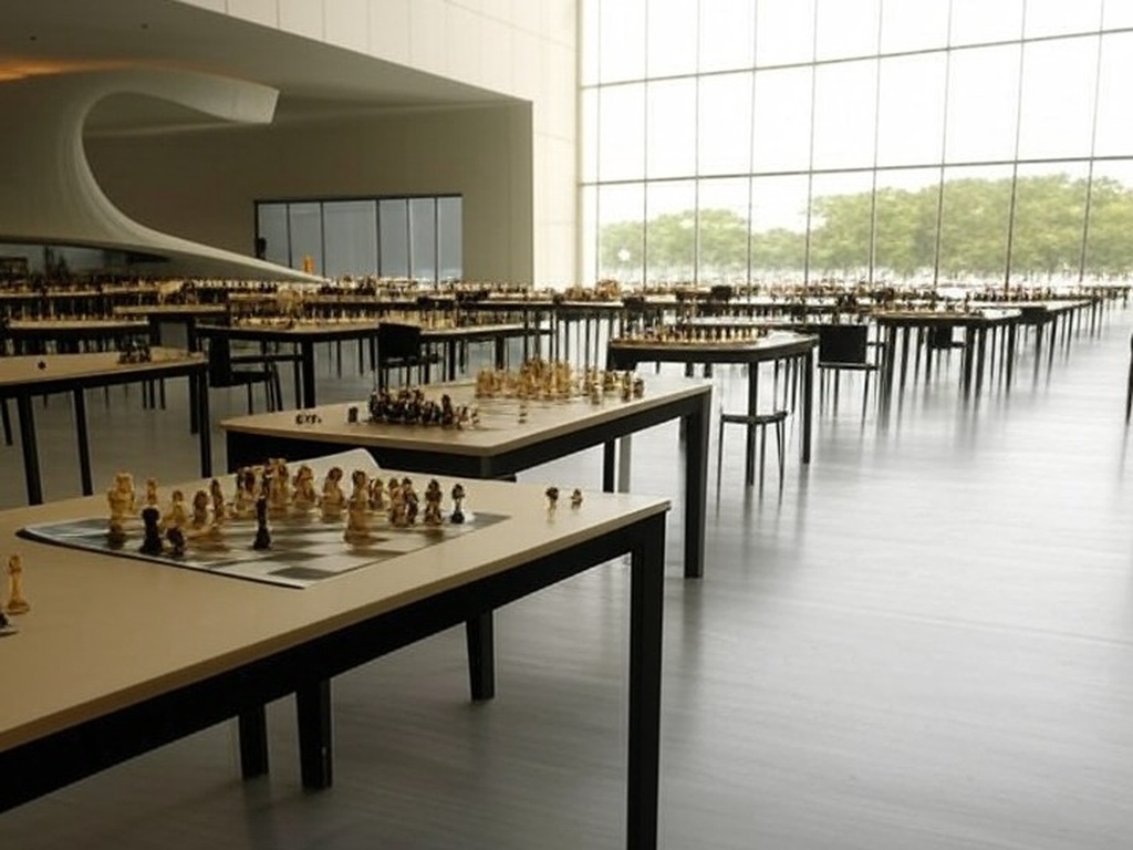 Salão em Brasília com tabuleiros de xadrez para o torneio Brasília Chess Open, com prêmios de R$ 22 mil.
