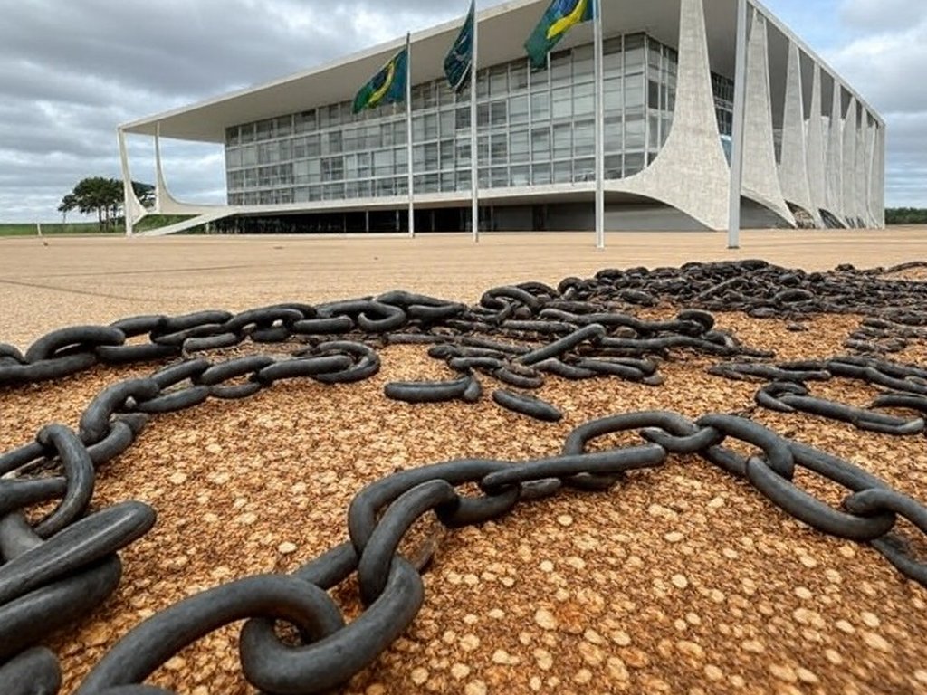 Edifício da CLDF em Brasília com correntes quebradas, representando lei contra trabalho escravo e cassação de ICMS.