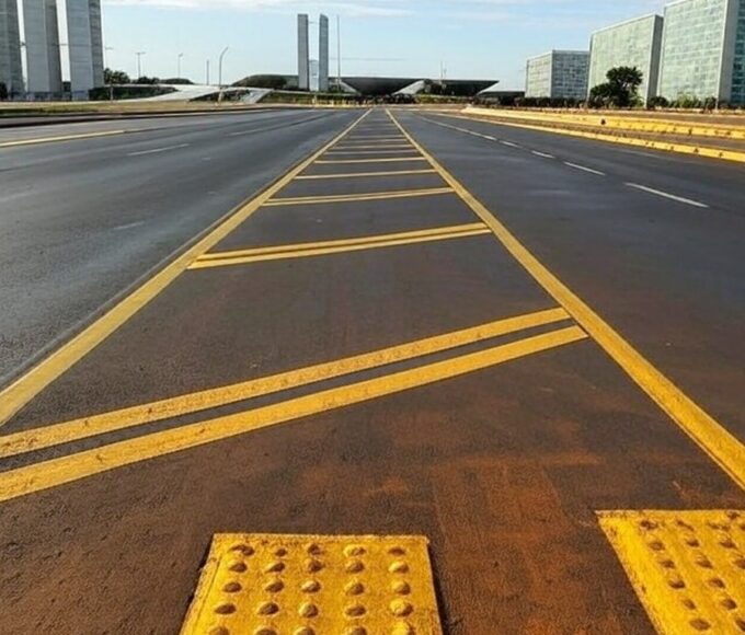Avenida em Brasília preparada para a 53ª Corrida de Reis, com foco em inclusão e arquitetura icônica ao fundo.