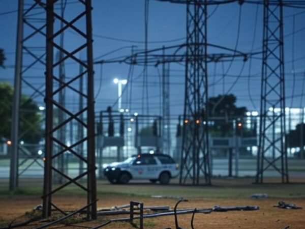 Subestação elétrica no DF com cabos danificados por tentativa de furto e viatura da Polícia Militar ao fundo.