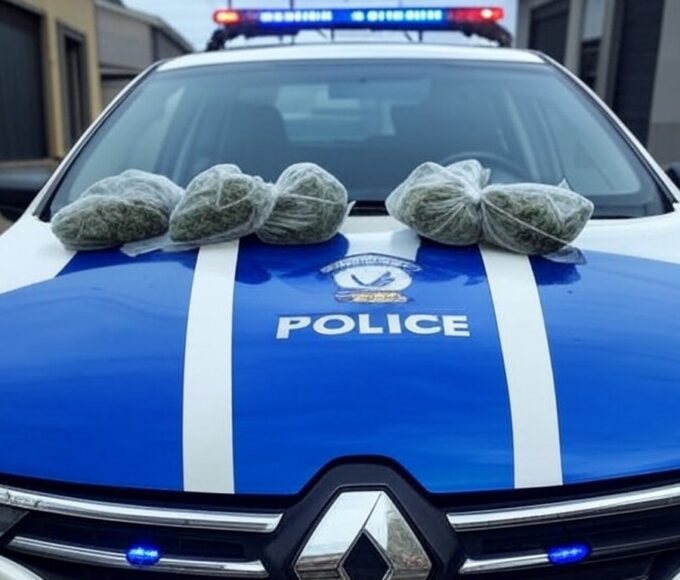 Viatura da Rotam com maconha apreendida em rua de Santa Maria, DF, representando operação contra tráfico de drogas.