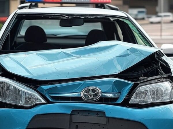 Viatura da PMDF danificada em acidente em Brasília, simbolizando ônus financeiro para cofres públicos.